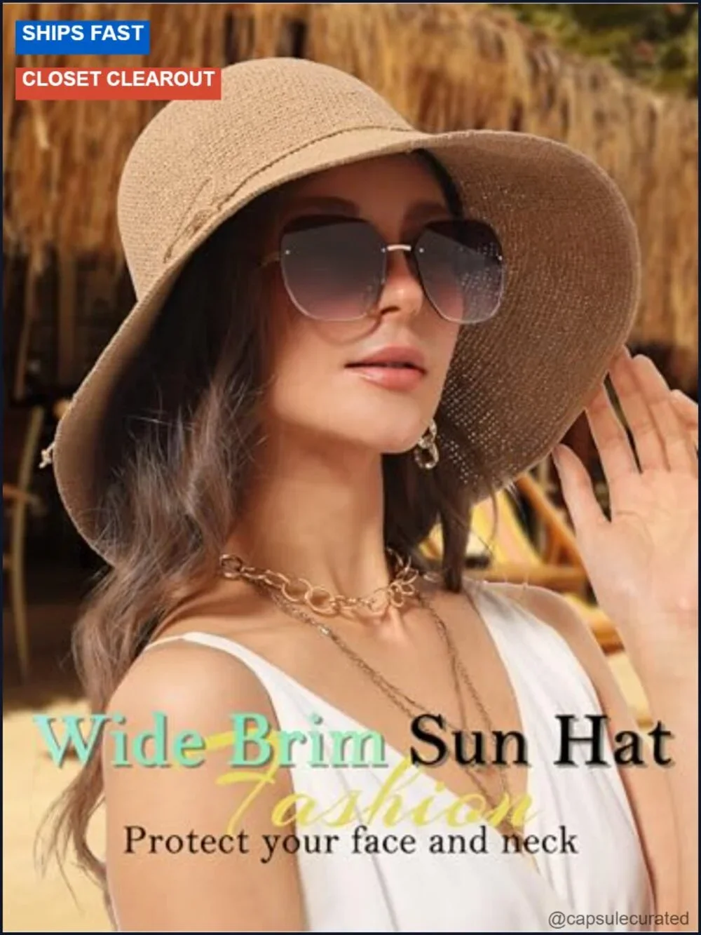 Straw Bucket Hat Wide Brim UPF 50+ Packable Women's Sun Hat